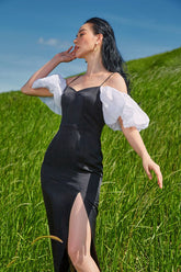 Linen Puff Sleeve Midi Dress with Sweetheart Neckline and Side Slit – Elegant Summer Style
